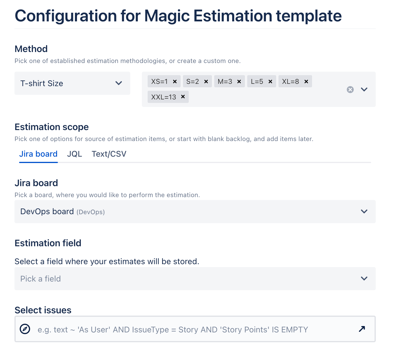 Configuration of Magic Estimation template.
