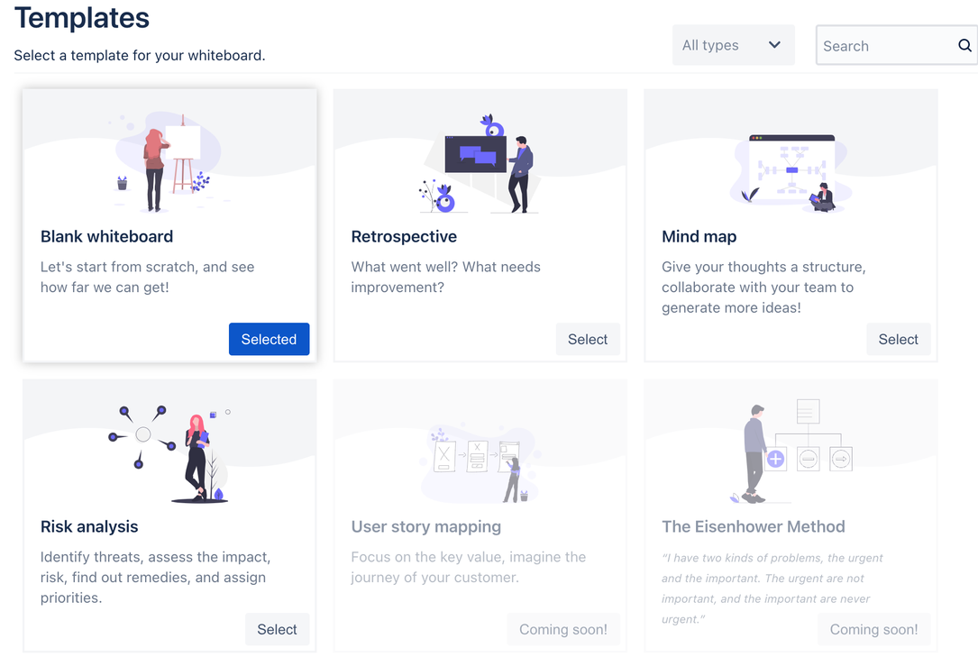 Whiteboards for Jira contains some pre-defined templates, including a Retrospective template