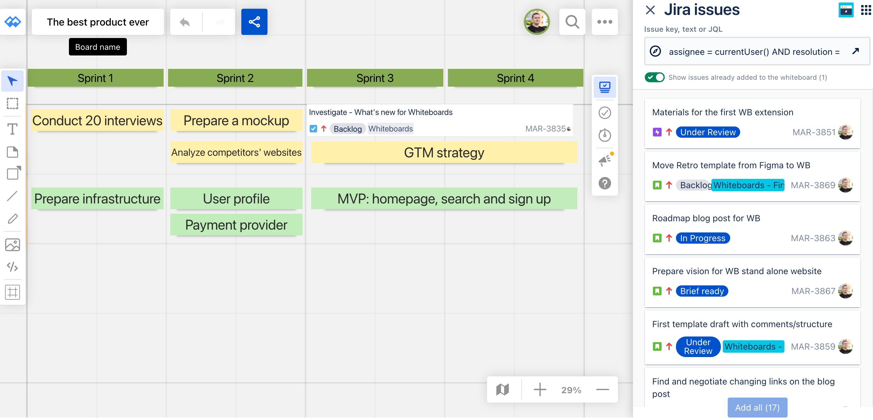 adding Jira issues on a roadmap created in Whiteboards for Confluence