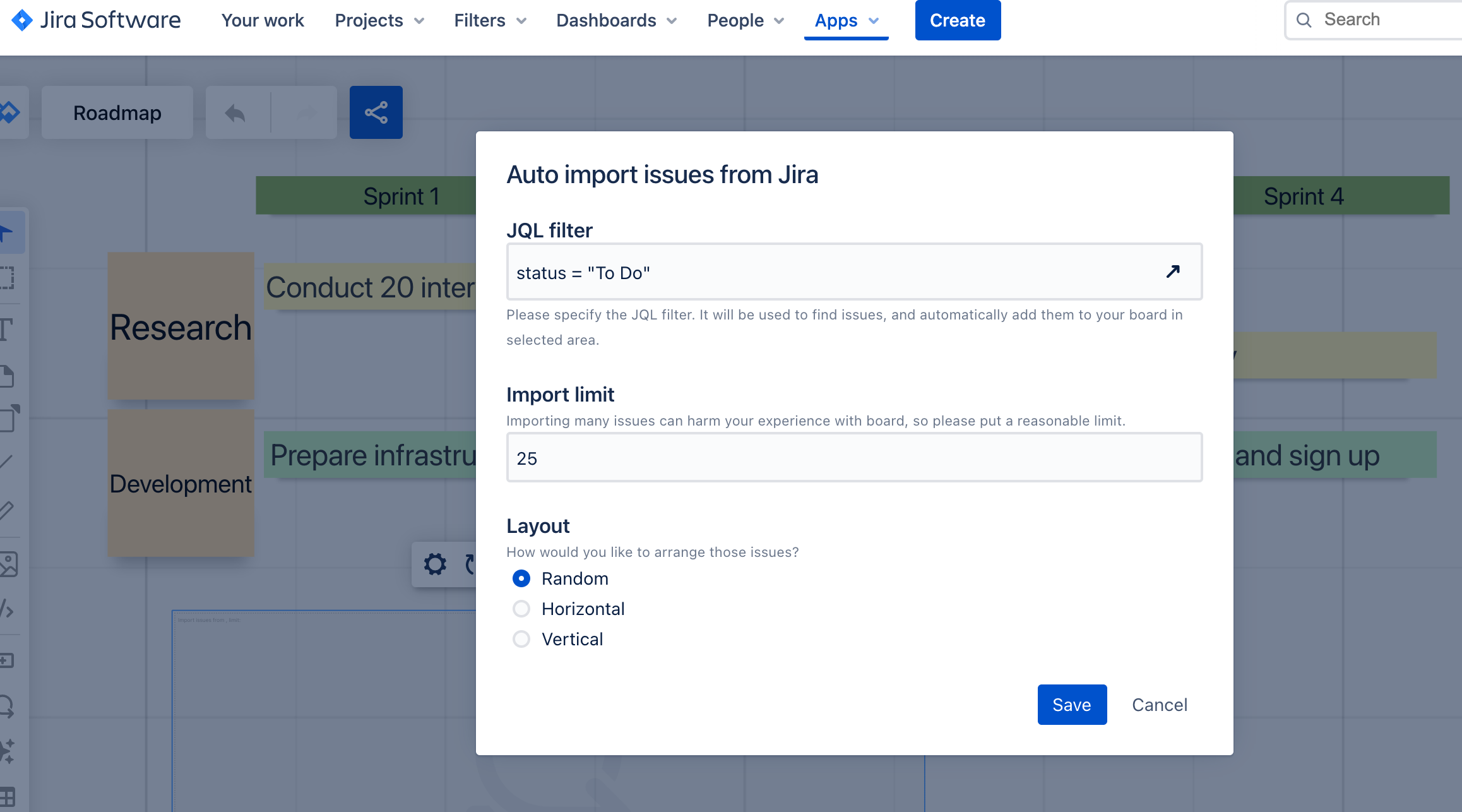 importing issues onto roadmap in Whiteboards for Jira