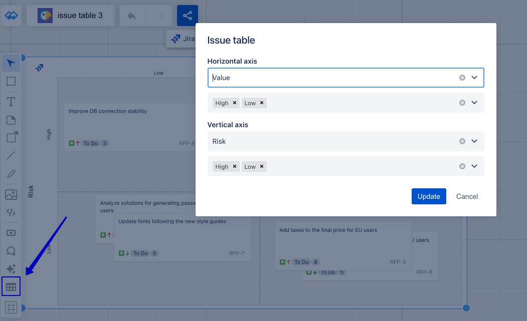 the picture showing where to find the issue table functionality in Whiteboards for Jira